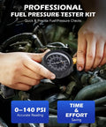 Fuel pressure tester kit with 0-140 psi dial gauge used on a car engine, front view.