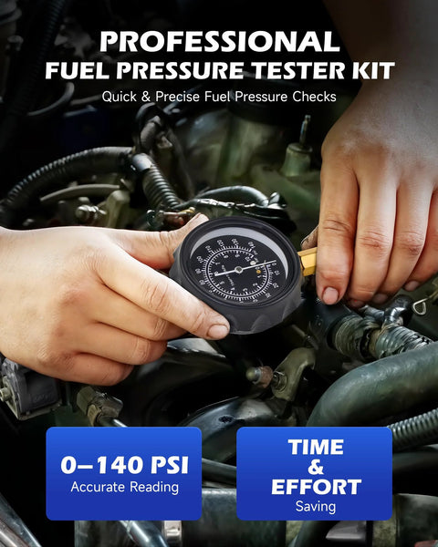 Fuel pressure tester kit with 0-140 psi dial gauge used on a car engine, front view.