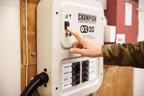 30 Amp Indoor Transfer Switch With 25 Foot Generator Cord, Weather Resistant Inlet Box, Eight Circuits, UL 1008 Certified, Prewired For Easy Install, Plug And Play Indicator Lights On Rocker Switch. Wall-mounted indoor transfer switch with hand pressing rocker switch