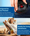 Ultra Portable Tiny But Mighty Mini Bluetooth Speaker with 3.5mm Aux Input in pocket and on beach table with relaxed woman.
