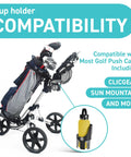 Golf Push Cart Cup Holder That Fits Clicgear Sun Mountain Bag Boy And More Large Size next to a fully equipped golf cart
