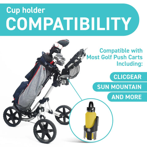 Golf Push Cart Cup Holder That Fits Clicgear Sun Mountain Bag Boy And More Large Size next to a fully equipped golf cart