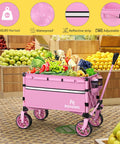 Collapsible Folding Wagon Cart With 360 Degree Wheels And Extendable Handle, Heavy Duty Workhorse Utility Wagon For Grocery, Camping, Garden, Sports Gear, 120L Pink in a grocery setting filled with fruits and vegetables.