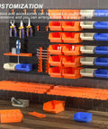 52 Piece Wall Mounted Storage Bins System with Peg Boards and Tool Trays, Garage Workshop Organizer, shown with bins and tools.