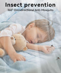 Child sleeping with teddy bear on bed under mosquito net, surrounded by mosquitoes, illustrating insect prevention with mesh canopy.