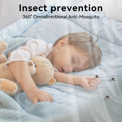 Child sleeping with teddy bear on bed under mosquito net, surrounded by mosquitoes, illustrating insect prevention with mesh canopy.