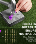 Unbreakable Plastic Golf Tees 3 1/4 Inch Long You Can Really Count On shown resisting damage from a hammer strike on artificial turf