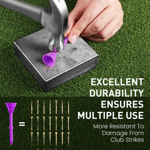 Unbreakable Plastic Golf Tees 3 1/4 Inch Long You Can Really Count On shown resisting damage from a hammer strike on artificial turf