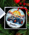 Custom Tractor Christmas Ornament 2026 With Personalized Name For Tractor Lovers, stained glass design showing a tractor with sunrise