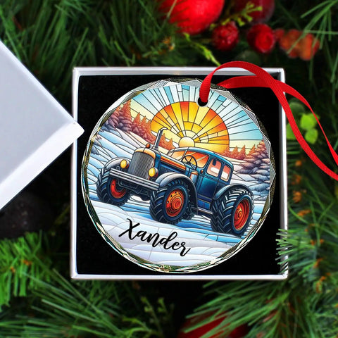 Custom Tractor Christmas Ornament 2026 With Personalized Name For Tractor Lovers, stained glass design showing a tractor with sunrise