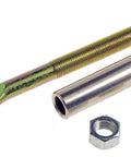 Side view of clutch adjuster rod with eyelet end, threaded shaft, metal sleeve, and two nuts.