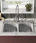 Open Concept Dual Basin Top Mount Kitchen Sink 33 x 22 Inches in 20-Gauge Stainless Steel with Rear Center Drain