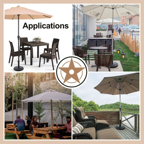 Collage showing Weighted Patio Umbrella Base 23lbs Heavy Duty Outdoor Umbrella Stand in various outdoor settings