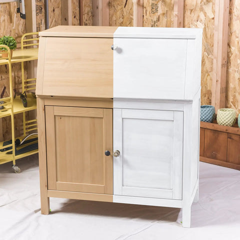 Half-painted cabinet with Linen White Chalked All In One Paint For DIY Friendly Furniture Ultra Matte Finish With One Coat Coverage No Primer Needed Easy Cleanup Made In USA 30 Oz Perfect For Giving Old Furniture A Fresh Look