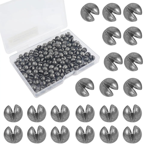 Removable Split Shot Weights For Fishing 1.8G 60Pcs Round Lead Sinker Set in box, slip on egg sinkers visible.