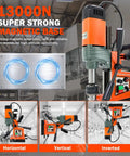 Beefy Magnetic Drill Press 1400W Copper Motor with strong 13000 N magnetic base in horizontal, vertical, inverted views.