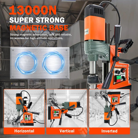 Beefy Magnetic Drill Press 1400W Copper Motor with strong 13000 N magnetic base in horizontal, vertical, inverted views.