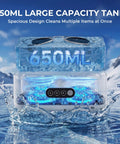 Top Shelf 49Khz Ultrasonic Cleaner With Roomy 650Ml Stainless Steel Tank and Digital Timer, spacious tank shown with water splashes.