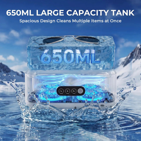 Top Shelf 49Khz Ultrasonic Cleaner With Roomy 650Ml Stainless Steel Tank and Digital Timer, spacious tank shown with water splashes.
