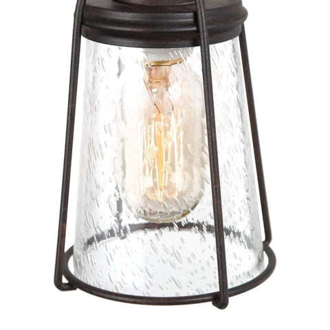 Close-up of seeded glass shade on Farmhouse Pendant Lighting Mini Rustic Hanging Light with bronze open-air lantern design.