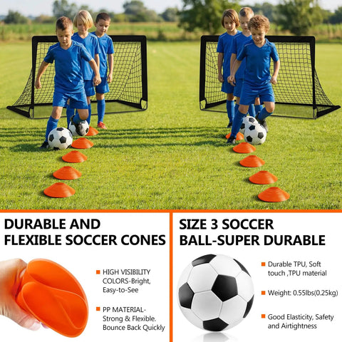 Backyard Pop Up Soccer Goals Set of 2 for Kids, 4x3ft Training Nets With Soccer Ball, Pump, Adjustable Ladder, Cones and Targets, Black