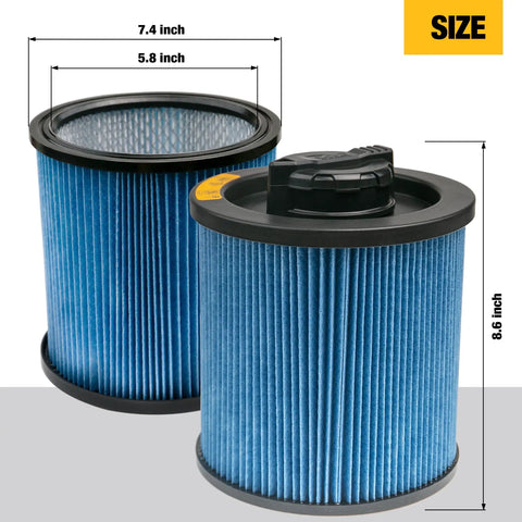 HEPA Vacuum Filter Replacement DXVC6912 for 6-16 Gallon Wet Dry Shop Vacuums, dimensions 5.8in x 7.4in x 8.6in, blue pleated filter