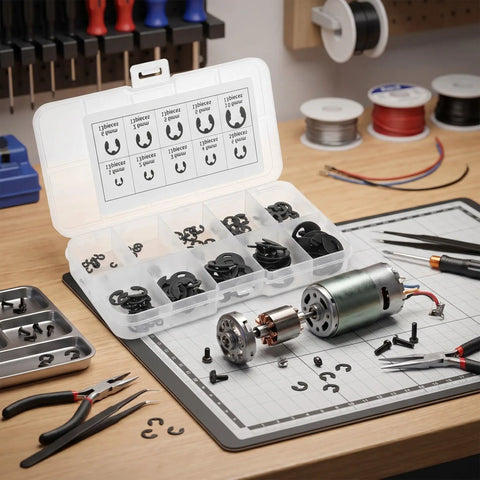120 Piece Black E Clip Set M1.5 To M10 External Retaining Rings Snap Ring Kit on workshop table with tools and motor