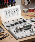 Heavy Duty Snap Rings Kit 120Pcs Beryllium Bronze External Retaining Rings For Repair Shops And Workshops E Clips M1.5-10 Black Finish Easy Installation And Superior Corrosion Protection. Black snap rings in organizer on workbench
