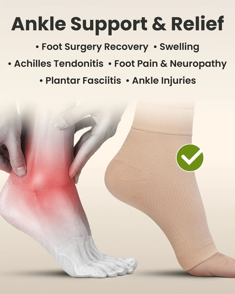 Open Toe Ankle Compression Sleeve For Everyday Relief 20 To 30mmHg showing support for swelling and injuries.