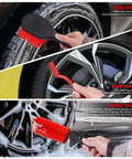 All In One 35 Piece Car Detailing Kit With Windshield Tool Long Wheel Brush Two Angled Brushes Four Polishing Pads And Four Wax Pads Red Tool Box Perfect Gift For Men Who Love DIY Auto Cleaning And Detailing, showing tire, wire, and wheel brushes in use.