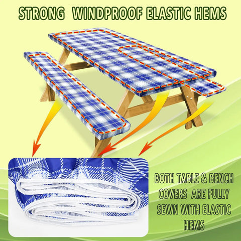 Picnic Table Cover With Bench Covers Set Includes 1 Table Cover And 2 Bench Covers 72 Inch Navy Blue Outdoor Tablecloth Waterproof And Windproof