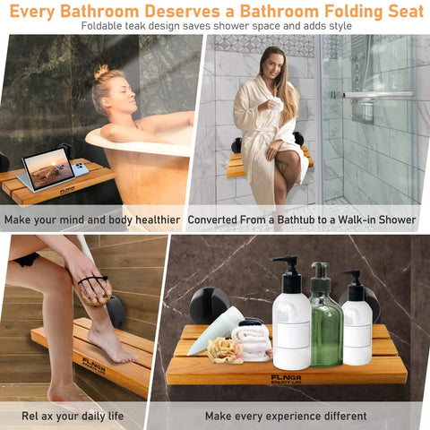 Collage of uses for 20 Inch Teak Folding Shower Seat Wall Mounted Fold Down Bench in various bathroom settings
