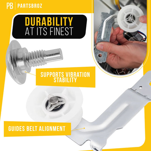 Close-up of Dryer Idler Pulley Replacement For Samsung Dryers Drop In Easy Install, showing various angles and parts.