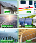 Collage showing 32 Amp 500V DC Solar Disconnect Switch With Plug and Play Connector In IP65 Waterproof Box for various installations.