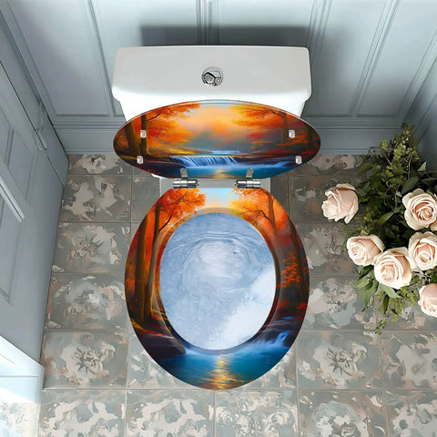 Toilet Seat Round Resin for Bathroom with nature scenery, fits 14-15 inches wide, 17-18 inches long, installed on toilet.