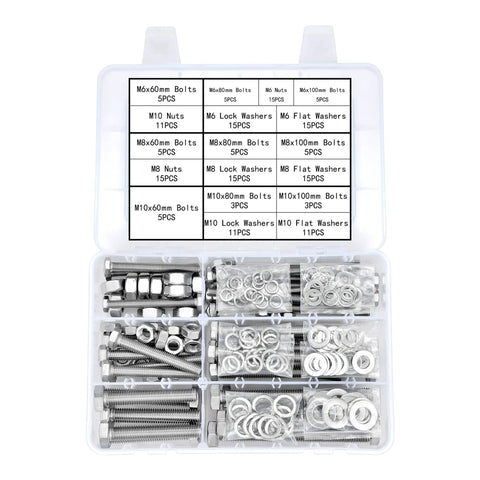Tough As Nails 164 Piece Metric Hex Nut Bolt Assortment Kit, 304 Stainless Steel Long Fasteners With Flat And Lock Washers showing organized fasteners.