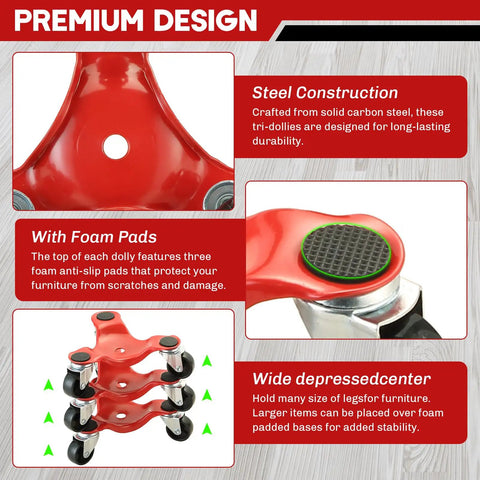 4 Pack Steel Tri-Dollies Set With 220 Lb Load Capacity, 3 Wheel Furniture Movers, red steel, foam pads, 6 inch wheels