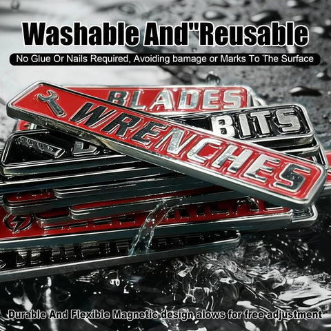 12 Pack Magnetic Toolbox Labels Set With 3D Embossed Metal Tags For Pro-Grade Tool Chest Organization, Waterproof And Reusable Identification Badges For Wrenches, Sockets, And Pliers In Black Finish, showing labels stacked with wrench, blades, bits visible.