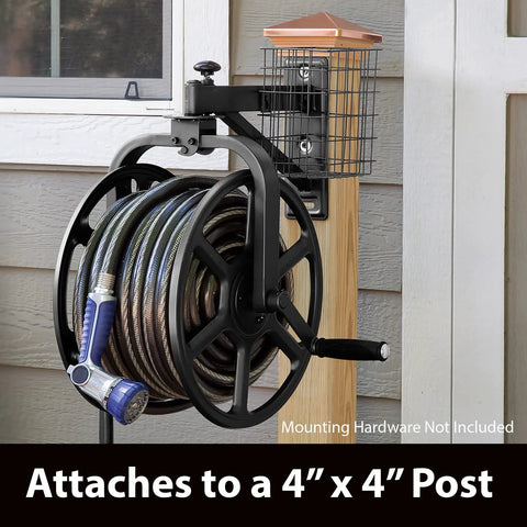 Multi Directional Garden Hose Reel With 360 Degree Rotation Holds One Hundred Twenty Five Feet Of Five Eighths Inch Hose Heavy Duty Eighteen Gauge Steel Construction Bronze Powder Coat For Weather Resistance Pull Up Knob And Storage Tray Hose Not Included attached to post