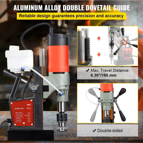 Heavy Duty 1200W Magnetic Drill Press With 40mm Capacity features aluminum alloy double dovetail guide for precision.