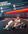 Child driving Ultra Powerful 24V Kids Go Kart With Dual 300W Motors, 9Ah Battery, 8 MPH, white, on a race track.