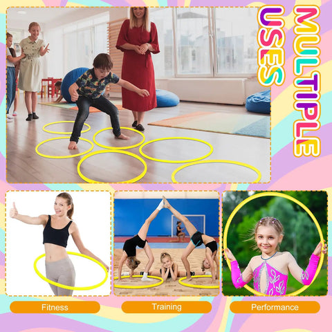 Two Adjustable Toy Hoop Exercise Ring Set With Detachable Plastic Blocks, Portable 26 Inch Fitness Rings in use indoors and outdoors.
