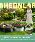 Woman watering flowers in Oval Galvanized Raised Garden Bed Set 3 Pack 6x3x1ft Metal Garden Beds Planter Boxes