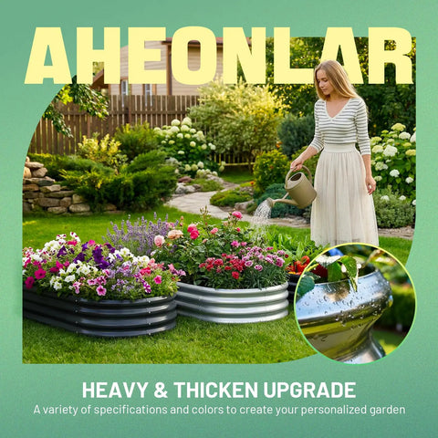 Woman watering flowers in Oval Galvanized Raised Garden Bed Set 3 Pack 6x3x1ft Metal Garden Beds Planter Boxes