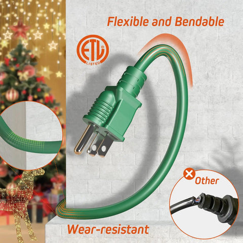 Flexible green 1 To 4 Outlet Splitter Extension Cord with ETL label, 46 ft length, shown with festive background and comparison circle.