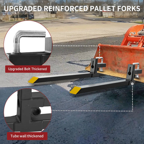 60 Inch Clamp On Pallet Forks With Adjustable Stabilizer Bar For Tractor Buckets And Skid Steers Heavy Duty 2000 Lbs Capacity shown attached to a bucket