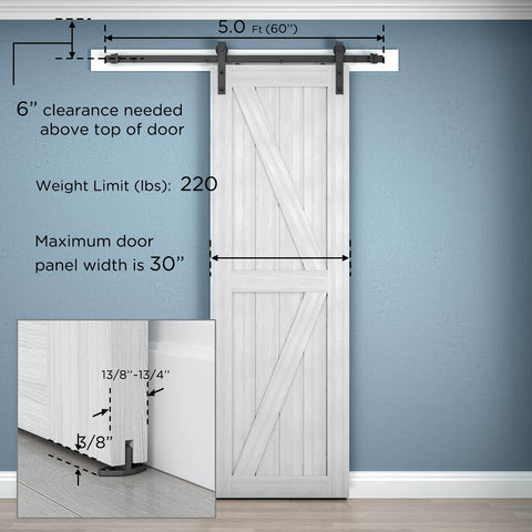 5 Ft Barn Door Hardware Kit With Classic J Track For 30 Inch Wide Sliding Door Panel installed in interior space.