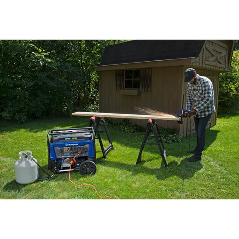 Dual Fuel Portable Generator With Electric Start And Remote Key Fob, 9500 Peak Watts Gas Or Propane, powering a saw