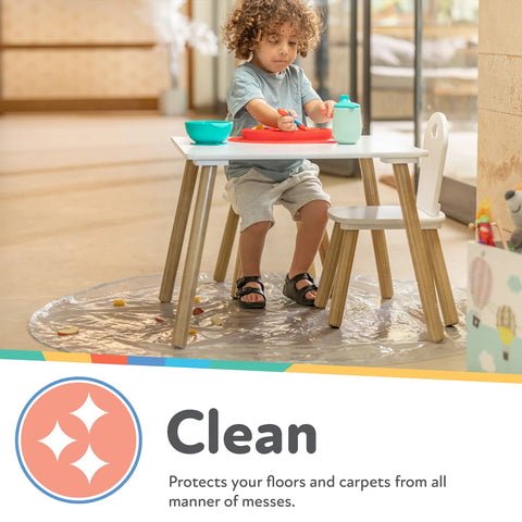 Child sitting at table with Waterproof High Chair Floor Mat 50 Inch Diameter Clear Circle Kitchen Mat Protects Floors From Spills And Messes