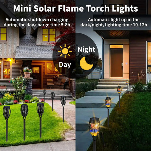 Six Pack Solar Torch Lights With Colorful Flickering Flames, Waterproof Tiki Torches For Outdoor Gardens and Pathways